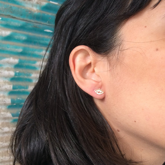 زفاف - Gold evil eye earrings, everyday earrings, gold stud earrings, bridal earrings, delicate post earrings.