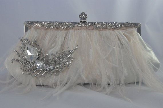 Mariage - Feather Bridal Clutch - Ostrich Feather Ivory Clutch With Crystal Peacock Brooch - Feather Wedding Handbag - Crystal Ivory Bridal Clutch Bag
