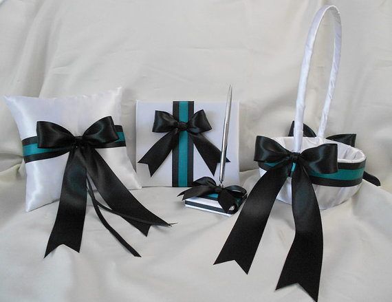 Hochzeit - Wedding Accessories White Black Teal Flower Girl Basket Ring Bearer Pillow Guest Book Your Colors WeddingsByMinali