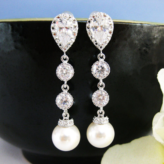 Hochzeit - Bridal Pearl Earrings Swarovski 10mm Round Pearl Earrings Wedding Jewelry Bridesmaid Gift Cubic Zirconia Earrings (E039)
