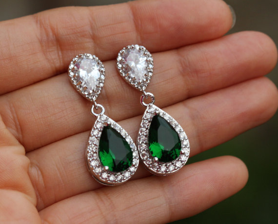 زفاف - silver green earrings bridal jewelry emerald green earring wedding jewelry