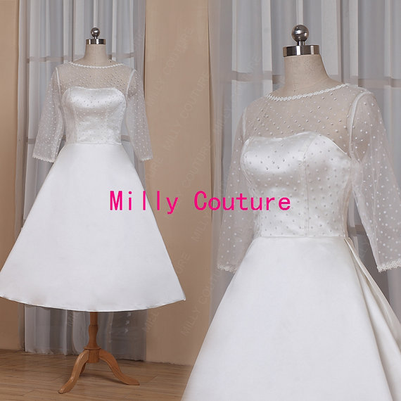زفاف - New Arrival vintage Short Wedding Dress sleeves with delicate polka dots tulle bodice A-line,robe de mariée courte