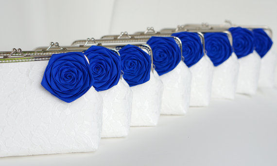 Hochzeit - Cobalt Blue Bridesmaids / 8* Wedding Clutches and Custom personalized Message Labels Tag