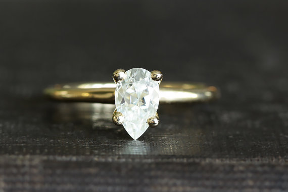 Mariage - 14k gold pear moissanite engagement ring, eco friendly, recycled gold, handmade
