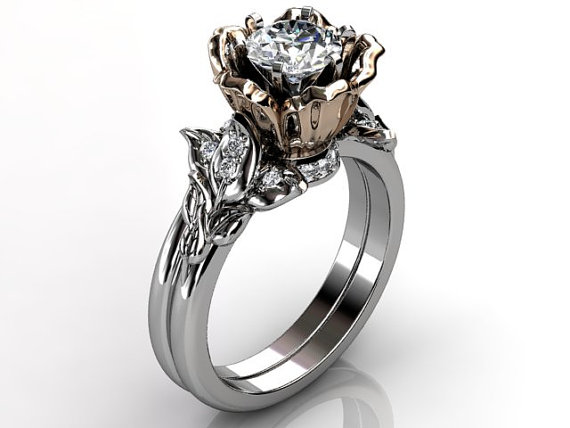 زفاف - 14k two tone white and rose gold diamond unusual unique flower engagement ring, bridal ring, wedding ring, flower engagement set ER-1082-5