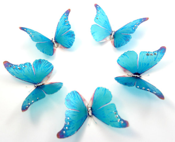 زفاف - 5 Sky Blue Stick on Butterflies, Wedding Cake Toppers, Butterfly Cake Decorations, 3D Wall Art