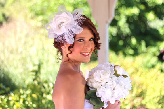 Wedding - White Floral Crystal Bridal Fascinator, Wedding Headband, Bridal Hair Accessory