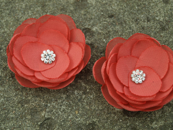Wedding - Coral Red Flower Brooches Bobby Pins Shoe Clips Set of 2 Peach