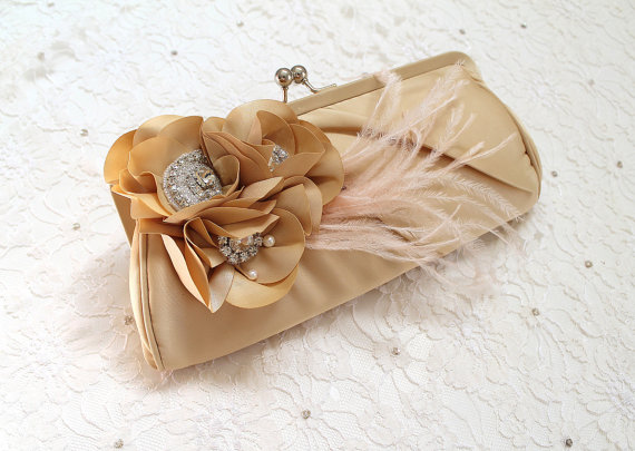 Hochzeit - Embellished bridal ruched matte satin feather clutch bag.  Golden champagne elegant flower rhinestone wedding purse.  GOLDEN BLOSSOM