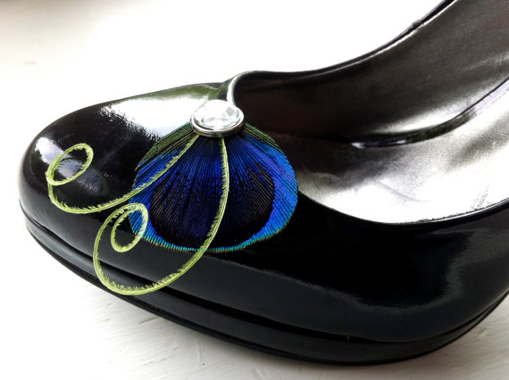 زفاف - Petite Shoe Clip Collection - Natural Blue Peacock Feather with Lime Feather Shoe Clips
