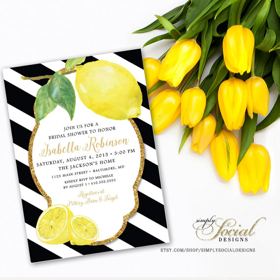 زفاف - Fresh Lemon with Black and White Stripes and Gold Glitter Bridal Shower Invitation Printable Fresh Squeezed Lemonade Main Squeeze