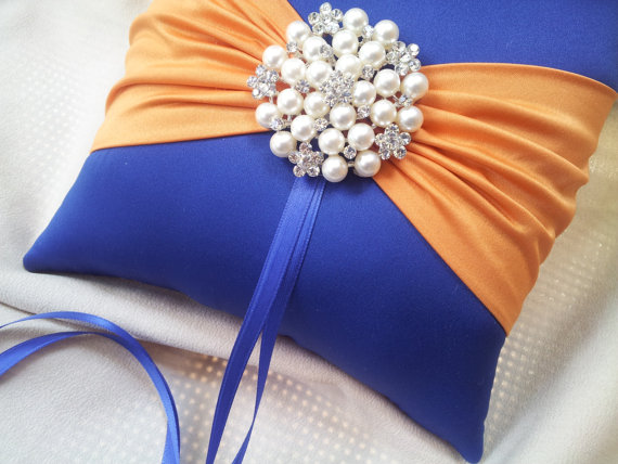 Wedding - Cobalt Blue Orange Ring Bearer Pillow Ring Pillow Pearl Rhinestone Accent