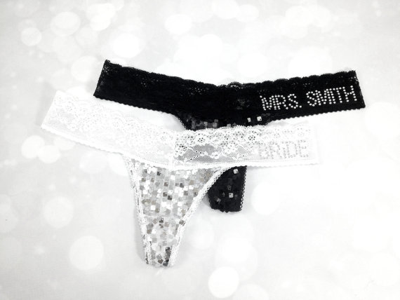 Hochzeit - Bride & Personalized Mrs. Rhinestone Lace and Sequin Thong Set. Bride Panties. Bridal Lingerie Gift. Wedding. Honeymoon. Bridal Lace Thong.