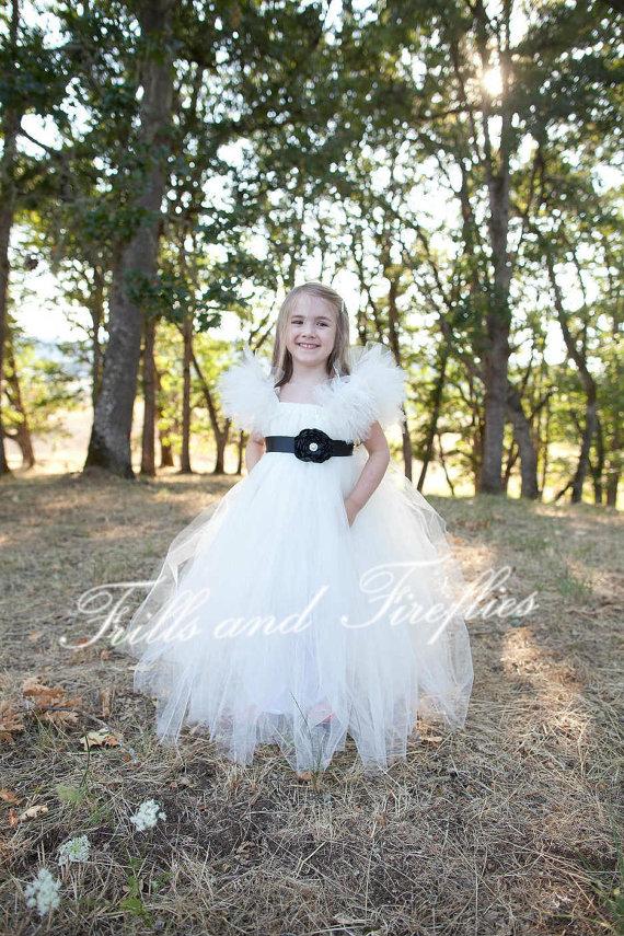 Wedding - Flower girl dress Ivory with Black Flower Sash and Flutter Sleeves  Weddings, Party Dress, Birthday, Formal Occasions, Photo Shoots