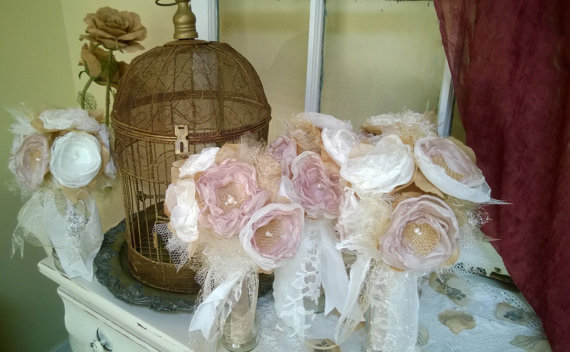 Wedding - Wedding Bouquets Bridesmaid Burlap  Flower Bouquet Set of 4  Custom Order By Burlap and Bling Design Studio