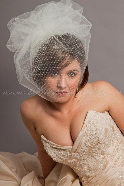 Hochzeit - Birdcage Veil - Double Layer Blusher Tulle and Russian Net Bridal Veil w Detach Tulle Pouf - White, Diamond White, Ivory, Black