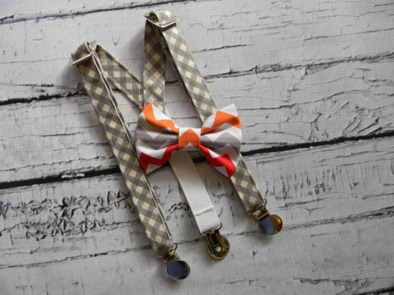 Wedding - Suspender and Bow-Tie Set-Size 2T to 4T- Gingham-Modern Chevron Bow Tie-Toddler Suspender Baby Suspender and Bow Tie