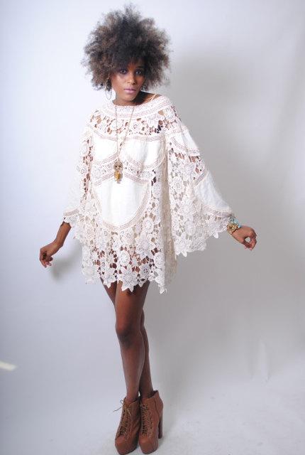 Mariage - boho BELL SLEEVE 70s DRESS style ivory lace crochet patchwork sheer hippie mini dress . Bohemian Wedding Dress.