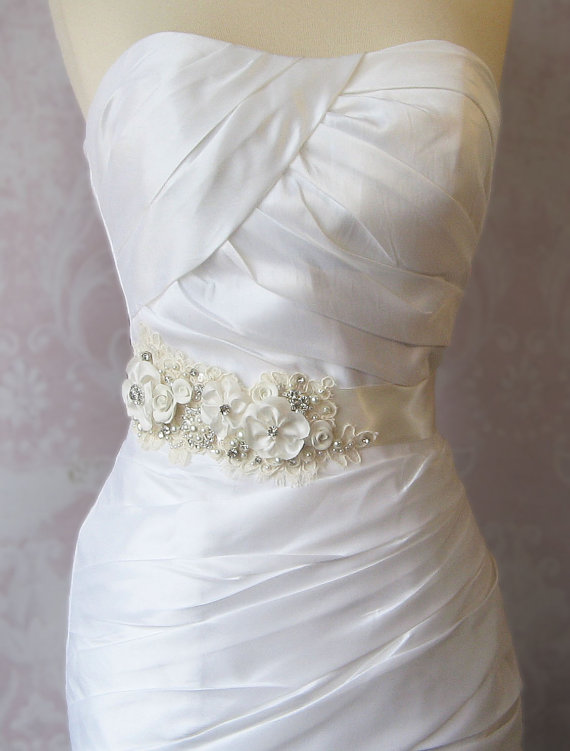 Hochzeit - Creamy Ivory Bridal Sash, Wedding Belt, White, Champagne or Ivory Rhinestone and Pearl Flower Sash with Alencon Lace - COTTAGE GARDEN