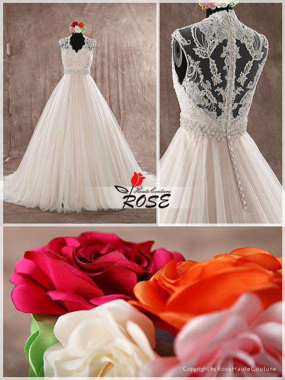 Hochzeit - V Neck Lace and Tulle Wedding Dress Bridal Gown with Beads and Crystal Sash Style WD140