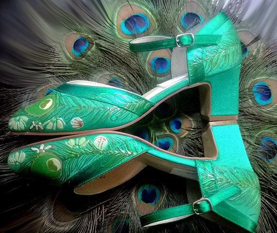 Wedding - Emerald green Wedding Shoes, emerald green  mary janes , green shoes, peacock feather shoes, painted shoes, vintage emerald green shoes,