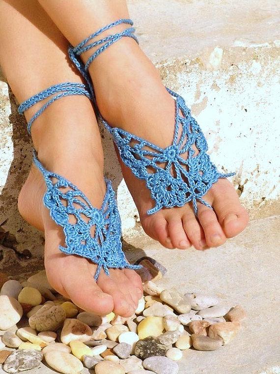 زفاف - Barefoot sandals, Butterfly Barefoot Sandles, Crochet Blue Leg accessory, Nude shoes, Foot jewelry, Lolita, Bride, Sexy, Wedding Beach Party