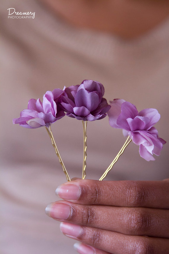 Hochzeit - Lavender Blossom Bobbies // Purple Hair Flowers for Bridesmaids // Cheer Bows / Natural Hair / Pinup Girl Fashion / Silk Flowers / Set of 3