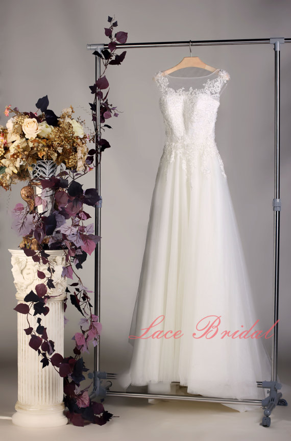 Wedding - High Quality Lace Wedding dress, Bateau Neck Bridal gown, Simple Wedding gown, A-line wedding dress