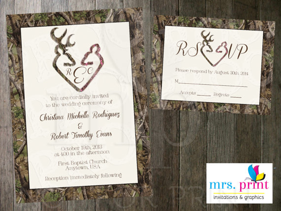 زفاف - Camo Deer Hearts Wedding Invitation and RSVP Card