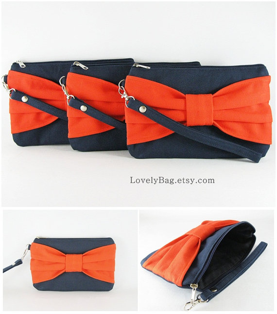 زفاف - SUPER SALE - Set of 2 Navy Blue with Orange Bow Clutches - Personalized Monogram Zipper Pull, Bridal Clutches, Wedding Gift - Made To Order