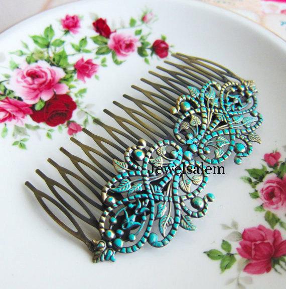Mariage - Vintage Style Hair Comb Turquoise Wedding Hair Comb Something Blue Something Old Bridal Bridesmaids Patina Verdigris Alice Blue Mint