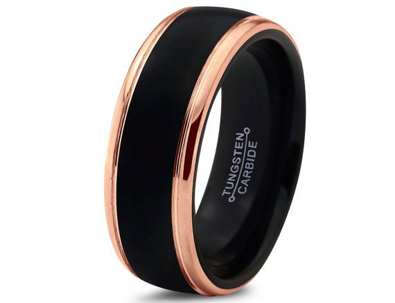 Wedding - Black Tungsten Ring Rose Gold Wedding Band Ring Tungsten Carbide 8mm 18K Tungsten Ring Man Wedding Band Male Women Custom Anniversary Size