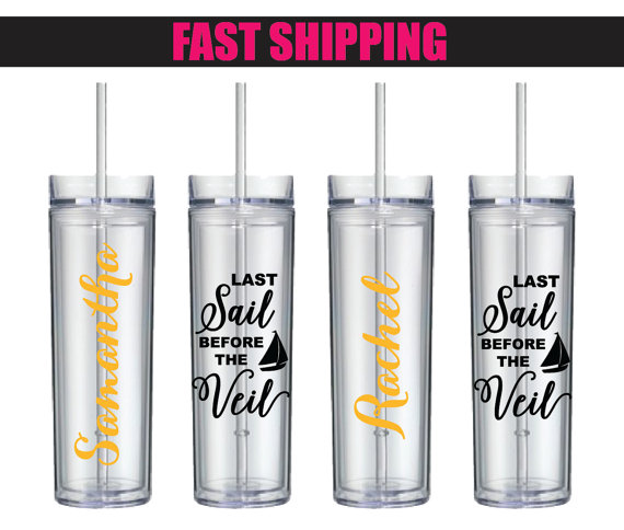 Wedding - 7 Personalized Bachelorette, Bridal, Wedding Party Tumblers, Customized Skinny Tumbler Cups, Last Sail Before the Veil ST012