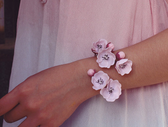زفاف - sakura cuff,cherry blossom bracelet ,handmade by polymer clay