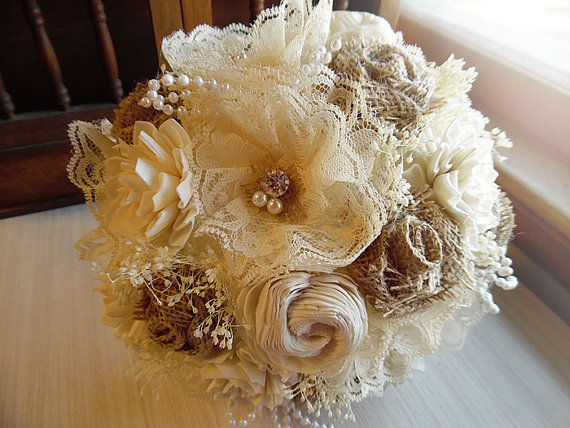 Hochzeit - Rustic Shabby Chic Bouquet with Burlap, Sola Flowers, Rhinestones & Pearls, Rustic, Country, Shabby Chic Style Weddings. Made to Order.