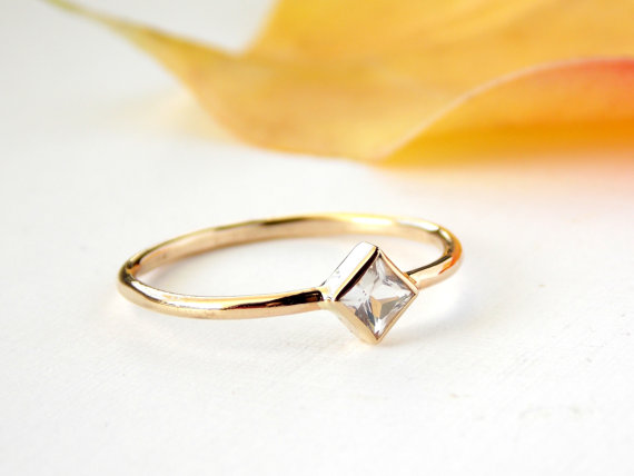 Wedding - Princess Cut Engagement Ring:  14K Solid Gold ring, white topaz ring, simple ring, gold ring, wedding ring, engagement ring