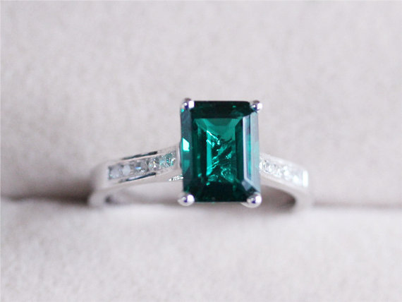 زفاف - AAA Treated Emerald Ring Solid 14K White Gold Diamond Engagement Ring Wedding Ring Anniversary Ring