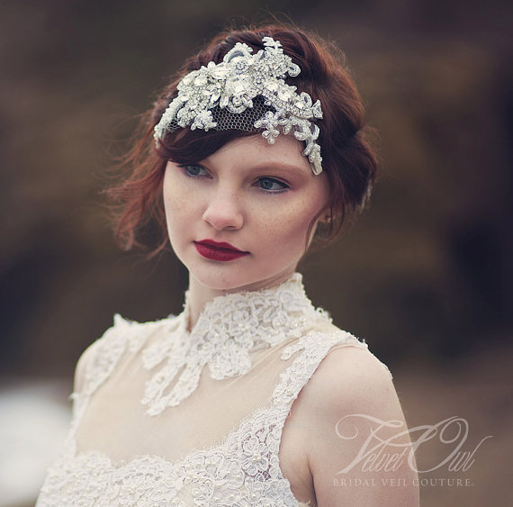 زفاف - Bridal headpiece clip comb or headband head dress hand made with Austrian crystals beaded vintage lace bling wedding - ISADORE