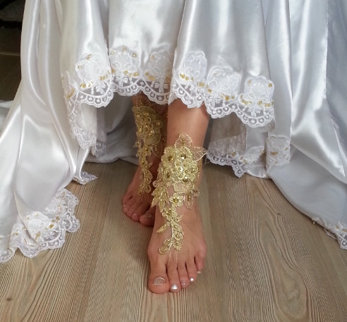 Свадьба - Free Ship --- bridal anklet, gold embrodeired, Beach wedding barefoot sandals, bangle, wedding anklet, anklet, bridal, wedding
