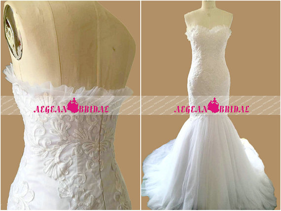 Hochzeit - RW662 Lace Wedding Dress with Embroidery Mermaid Bridal Dress with Zipper Back Sweetheart Bridal dress Church Wedding Gown with Chapel Train