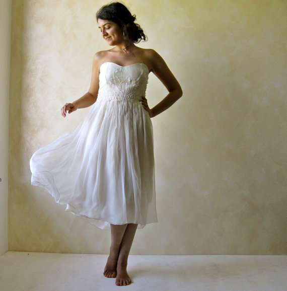 Hochzeit - Bridal Gown, Strapless Wedding Dress, Sweetheart dress, Fairy wedding gown, Tea Length dress, Boho Wedding dress, Alternative Wedding Dress