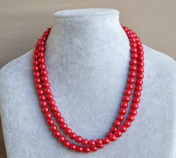 Wedding - Red Pearl Necklace,2 Strands Pearl Necklaces,bridesmaid necklace,Jewelry,round pearl,gift,wedding pearls,red glass pearl,Wedding Necklace