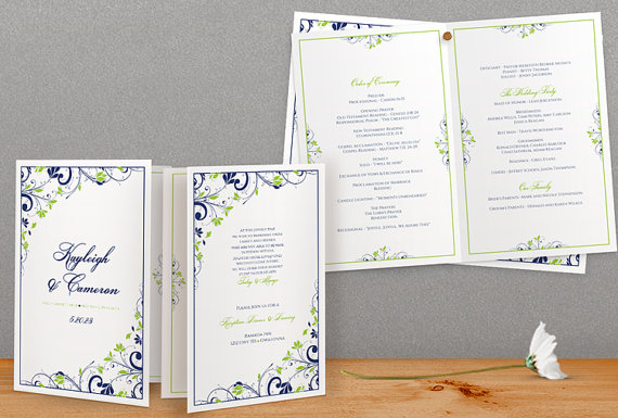 زفاف - DiY Printable Wedding Program Template - DOWNLOAD Instantly - EDITABLE TEXT - Chic Bouquet (Navy Blue & Lime) - Microsoft® Word Format