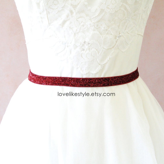 Wedding - Skinny Wine Gltter Elastic Lace Belt, Bridal Wine Belt , Bridesmaid Wine Belt,  Sash Belt, Burgundy Belt