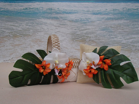 Hochzeit - Tropical Beach Basket & Pillow - Flower Girl Ring Bearer Orchid Lily Palm Wedding Hawaiian  Burlap