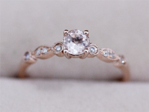 Wedding - Art Deco VS 5mm Natural Morganite Ring SI/H Diamonds Ring 14K Rose Gold Ring Wedding Ring  Engagement Ring Anniversary Ring