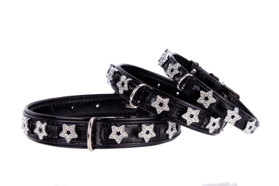 Mariage - Black Dog Wedding Collar Leather Size XS S M Rhinestone Stars