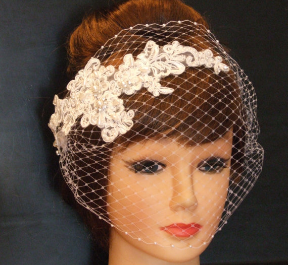 Wedding - Birdcage veil,Wedding Bridal hairpiece, White,Ivory Vintage inspired bridal accessory Busher veil w lace fascinator,crystal Rhinestone,pearl