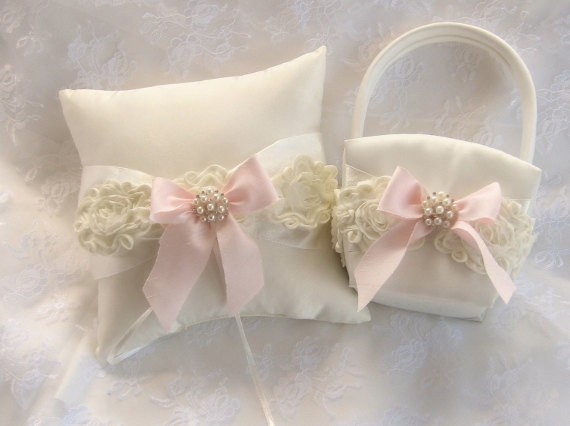Свадьба - Flower Girl Basket and Pillow  ..  Wedding Ring Pillow .. included  Pink Shabby Chic Vintage Ivory and Cream Custom Colors too