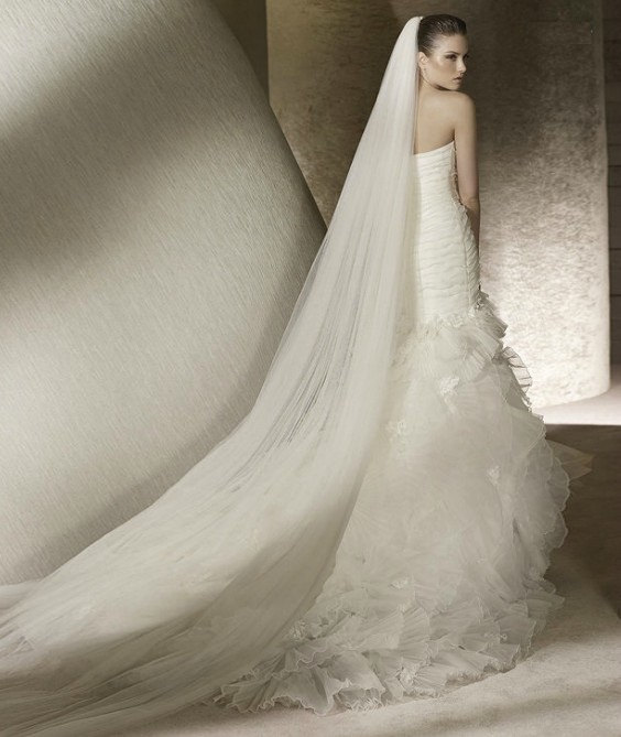 Wedding - Plain Two-Tier Cathedral Length Tulle Veil With Raw Edge 